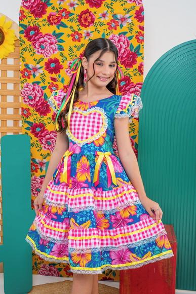 Vestido Caipira Infantil Coração Rosa com Azul Marinho