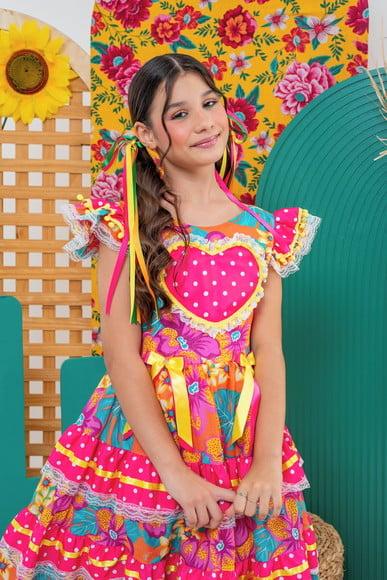 Vestido Caipira Infantil Coração Rosa com Laranja São João