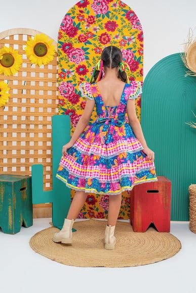 Vestido Caipira Infantil Coração Rosa com Azul Marinho