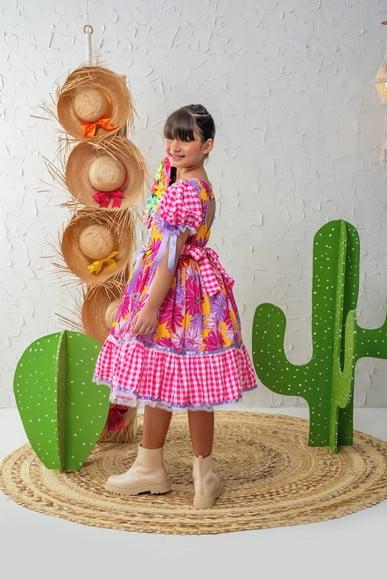 Vestido Infantil Rosa e Lilas São João Junino Xadrez Caipira