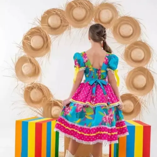 Vestido  junino Caipira Infantil Coração Rosa com Azul Turqueza