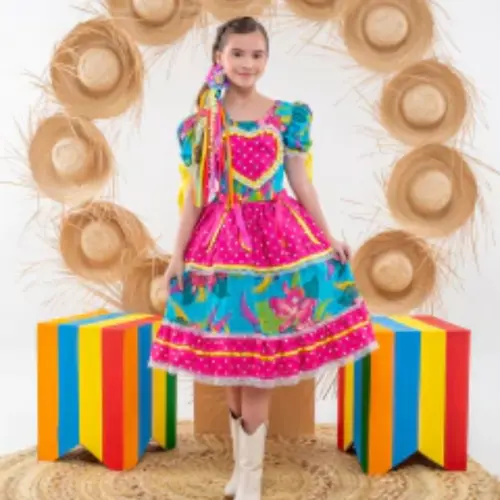 Vestido  junino Caipira Infantil Coração Rosa com Azul Turqueza