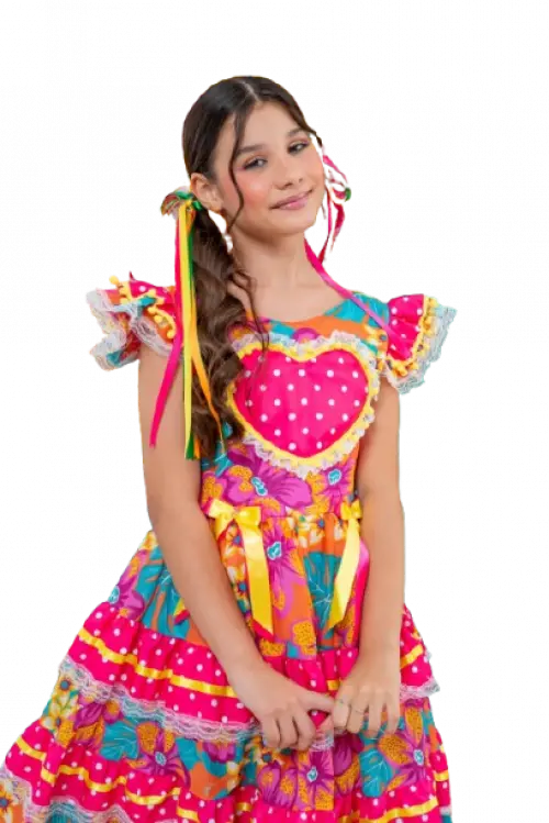 Vestido Caipira Infantil Coração Rosa  São João