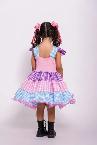 Vestido Caipira Coração São João Junino Rosa e Lilas