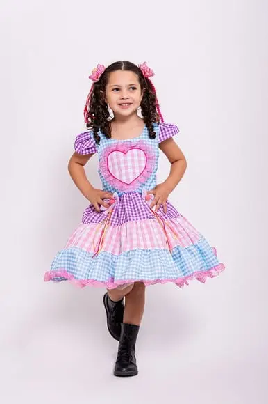 Vestido Caipira Coração São João Junino Rosa e Lilas