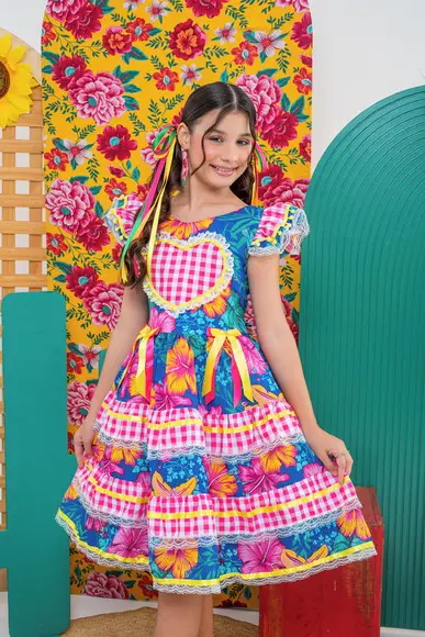 Vestido Caipira Infantil Coração Rosa com Azul Marinho