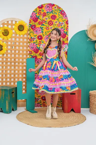 Vestido Caipira Infantil Coração Rosa com Azul Marinho