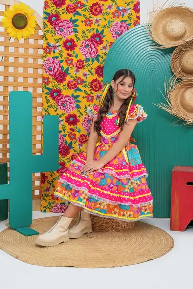 Vestido Caipira Infantil Coração Rosa com Laranja São João