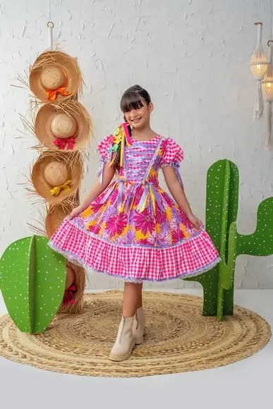 Vestido Infantil Rosa e Lilas São João Junino Xadrez Caipira