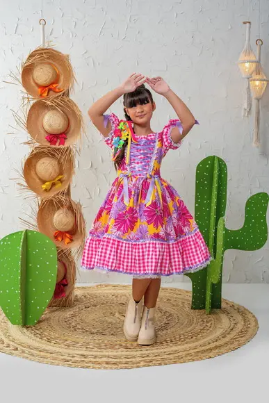 Vestido Infantil Rosa e Lilas São João Junino Xadrez Caipira