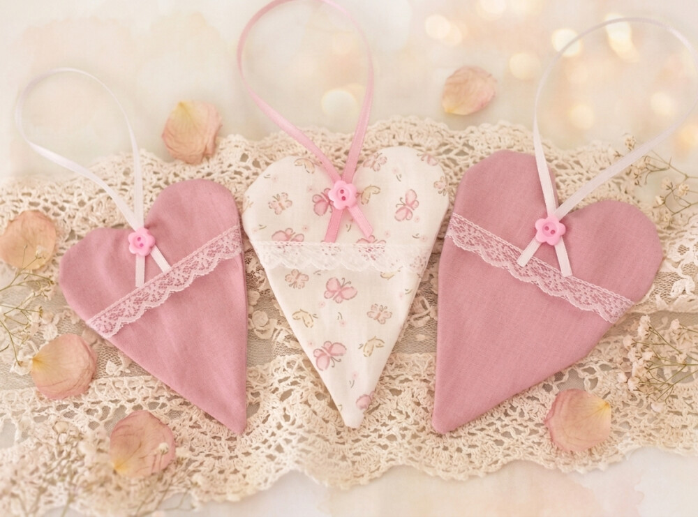 Kit de Costura Criativa – Trio de Corações Decorativos 10cm