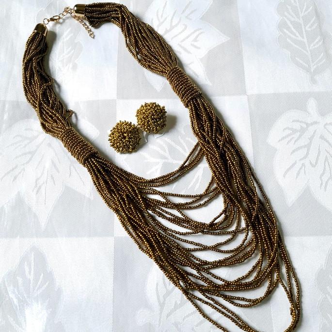 maxi colar de miçangas cobre/brincos