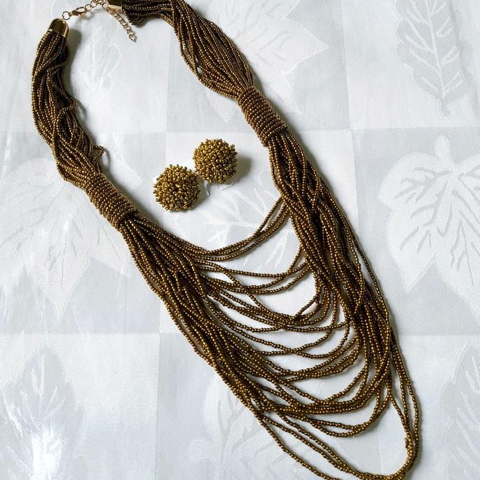 maxi colar de miçangas cobre/brincos