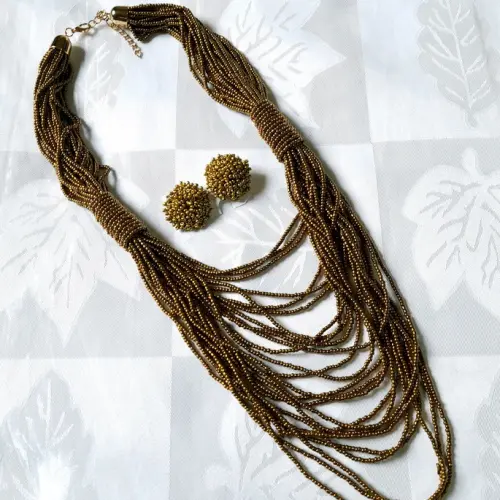 maxi colar de miçangas cobre/brincos