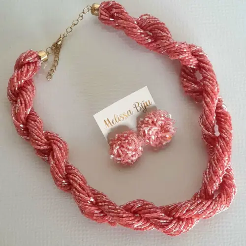 Colar de canutilhos rosa/brincos