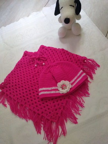Poncho e Gorro de Crochê para Menina - 6 Meses à 1 Ano