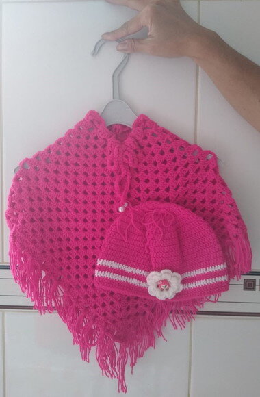 Poncho e Gorro de Crochê para Menina - 6 Meses à 1 Ano