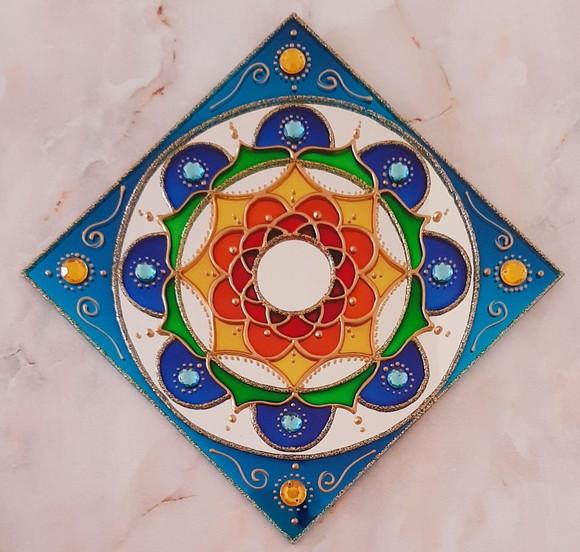 Espelho Mandala Colorida 15x15cm Quadrado de Parede