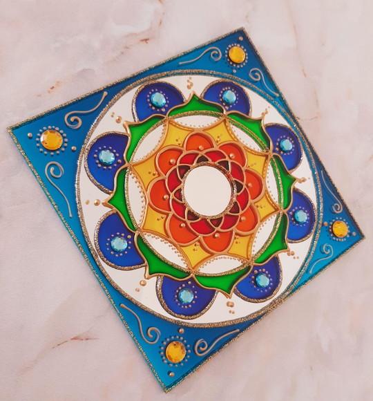 Espelho Mandala Colorida 15x15cm Quadrado de Parede
