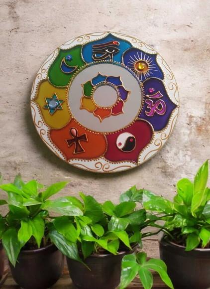 Espelho Mandala Decorativa 7 Símbolos 30cm de Parede