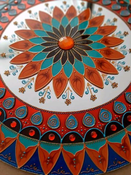 Espelho Mandala Marrom Laranja Turquesa 50cm