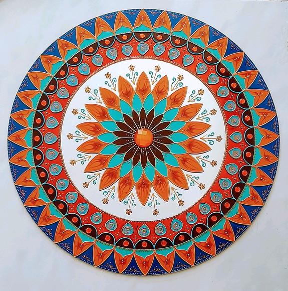 Espelho Mandala Marrom Laranja Turquesa 50cm