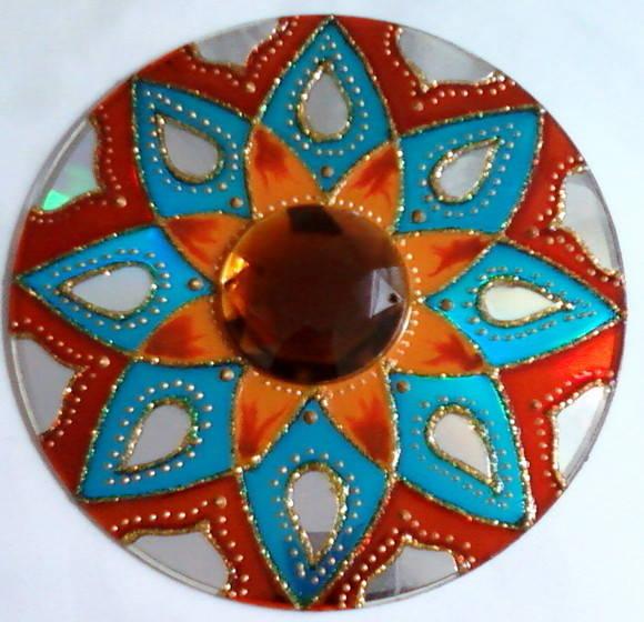 Mandala Azul e Laranja em Cd Reciclado