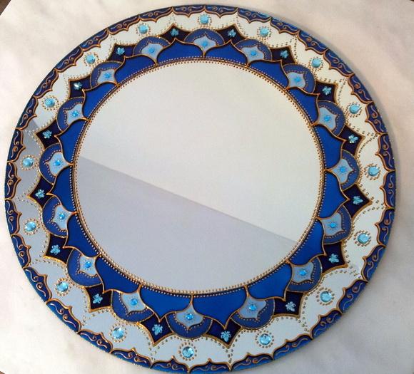 Mandala Azul em Espelho Redondo de 40cm