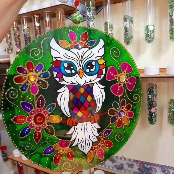 Mandala Coruja em Vidro de 25cm