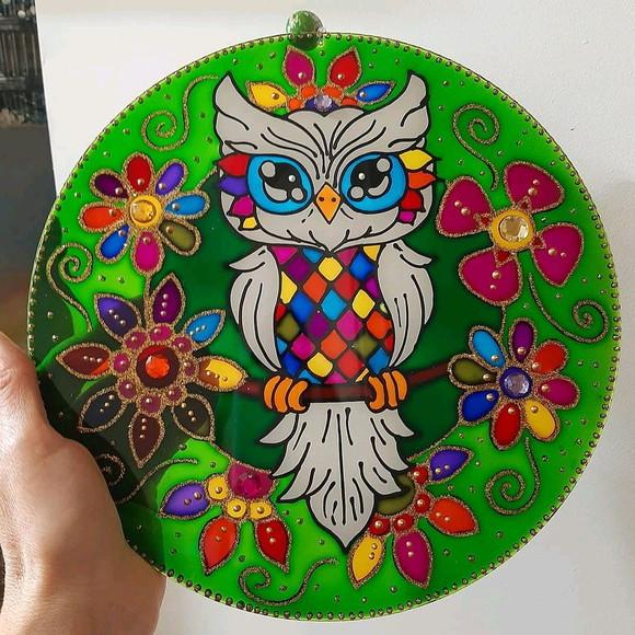 Mandala Coruja em Vidro de 25cm