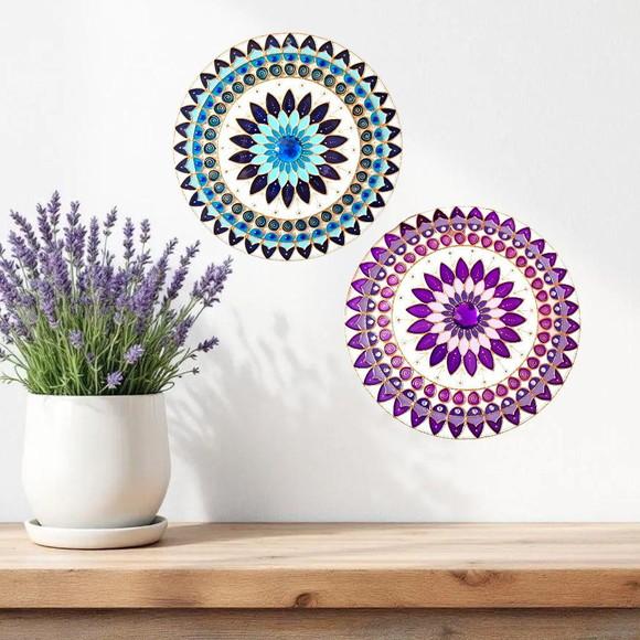 Mandala Decorativa em Vidro 25cm de Parede Azul Rosa Violeta