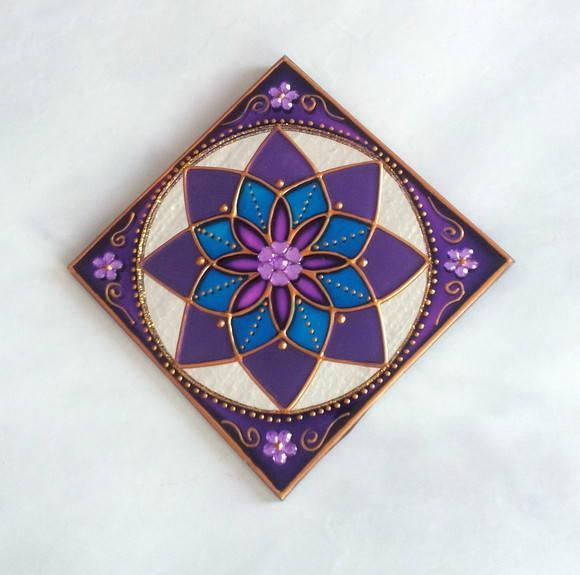 Mandala Lilás e Azul em Espelho 12cm