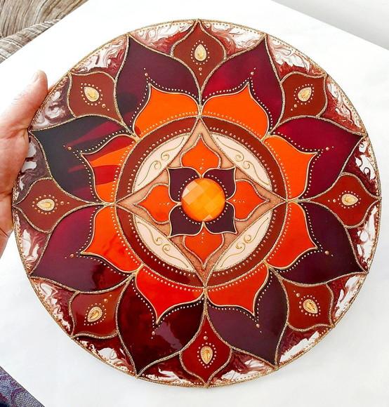 Mandala Marrom e Laranja 30cm Vidro de Parede