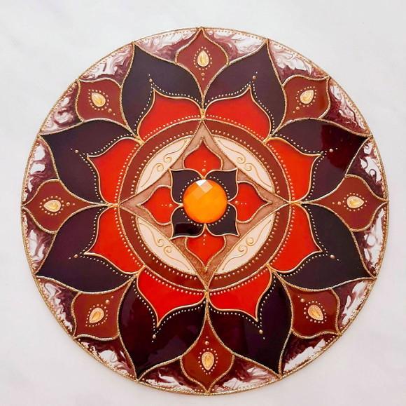 Mandala Marrom e Laranja 30cm Vidro de Parede