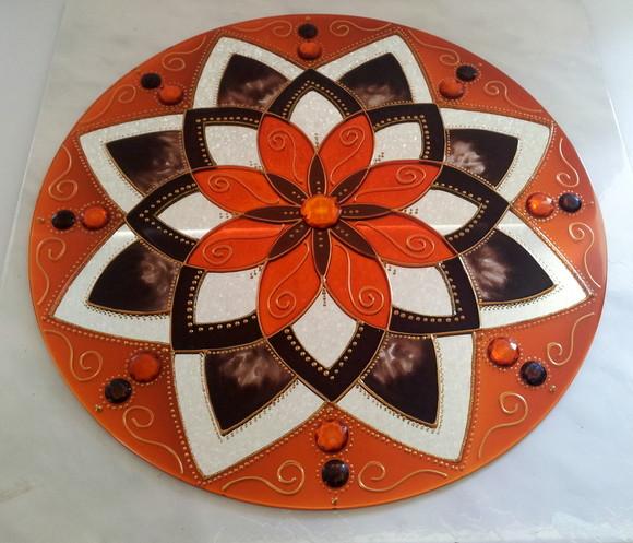 Mandala Marrom e Laranja em Espelho de 30cm