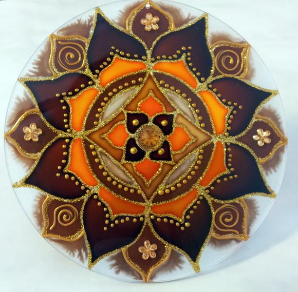 Mandala Marrom e Laranja Vidro 30cm