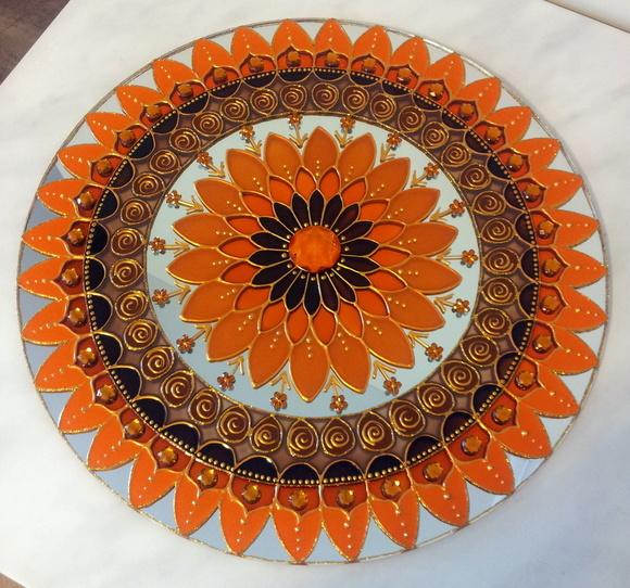 Mandala Prosperidade Laranja e Marrom em Espelho de 30cm
