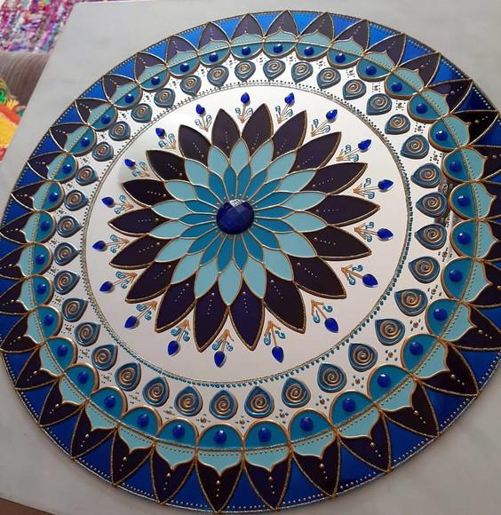 Mandala Serenidade em Espelho de 50cm (borda Azul)