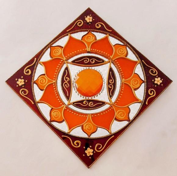 Mandala Vitral Marrom e Laranja Espelho 15cm