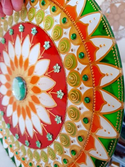 Mandala Vitral Verde Laranja 30cm