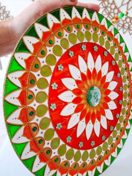 Mandala Vitral Verde Laranja 30cm