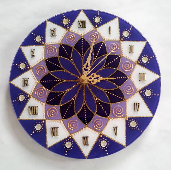 Relógio Mandala Vitral Azul Violeta e Branco 25cm