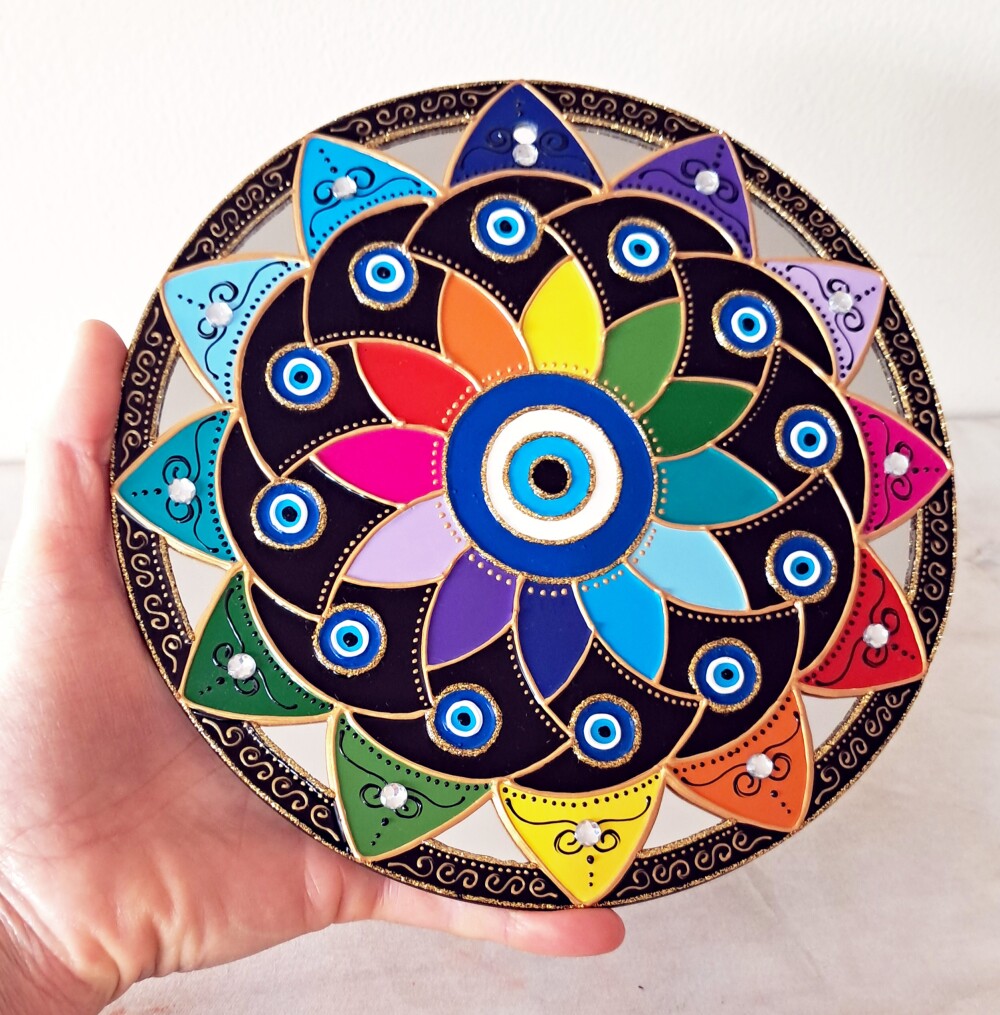 Espelho Decorativo Mandala Olho Grego pétalas coloridas 20cm