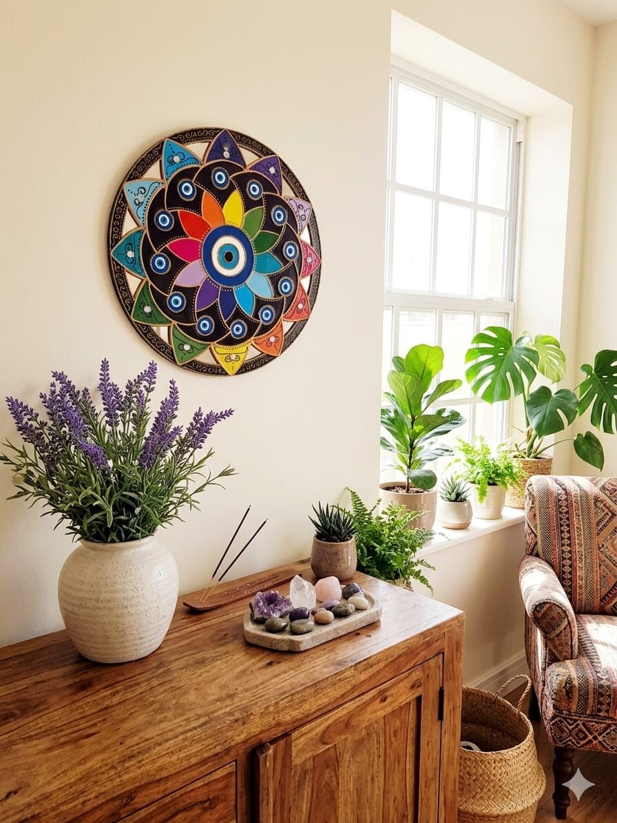 Espelho Decorativo Mandala Olho Grego pétalas coloridas 20cm