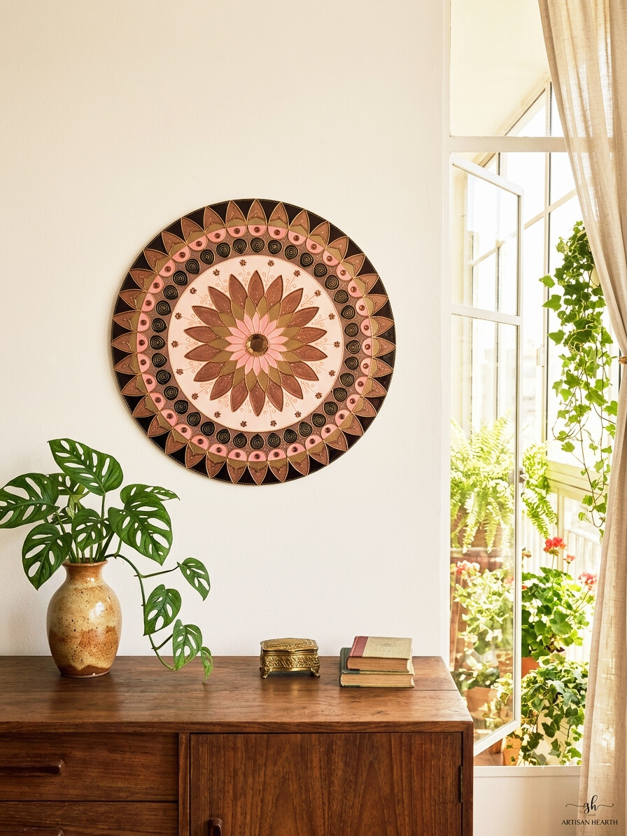 Mandala Vitral Decorativa de parede 50cm marrom cobre e rosê