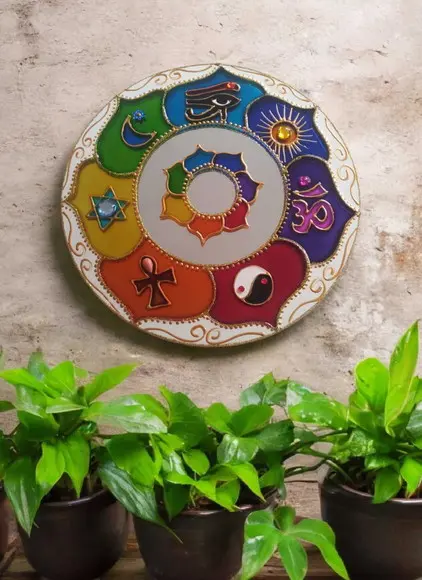 Espelho Mandala Decorativa 7 Símbolos 30cm de Parede