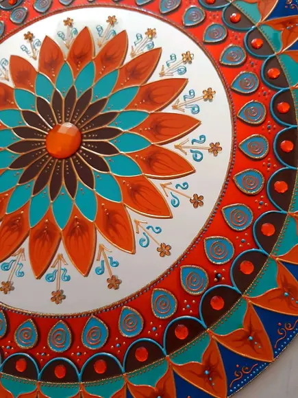 Espelho Mandala Marrom Laranja Turquesa 50cm
