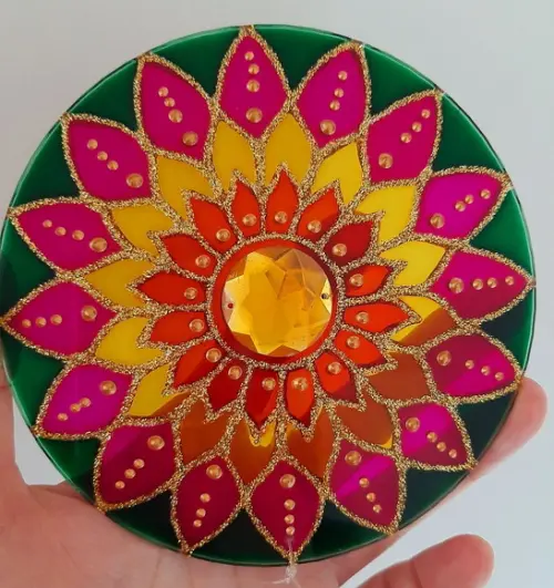Mandala Amarela Rosa e Verde 12cm
