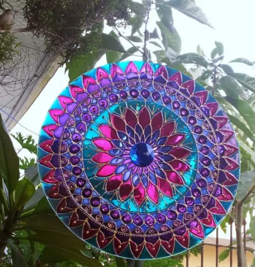 Mandala Azul e Violeta em Vidro de 40cm