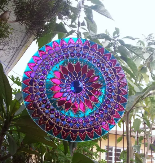 Mandala Azul e Violeta em Vidro de 30cm